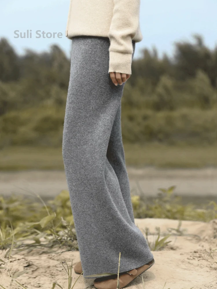 Retro Knitted Wide-Leg Pants for Women Autumn and Winter Thickening Vertical Soft Glutinous Casual Straight Pants Mop Trousers