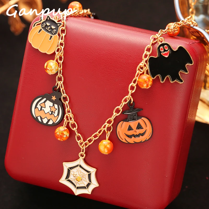 

GANPUP New Halloween Pumpkin Spider Bat Pendant Necklace For Women Unique Punk Halloween Neck Chain Jewelry Holiday Party Gift