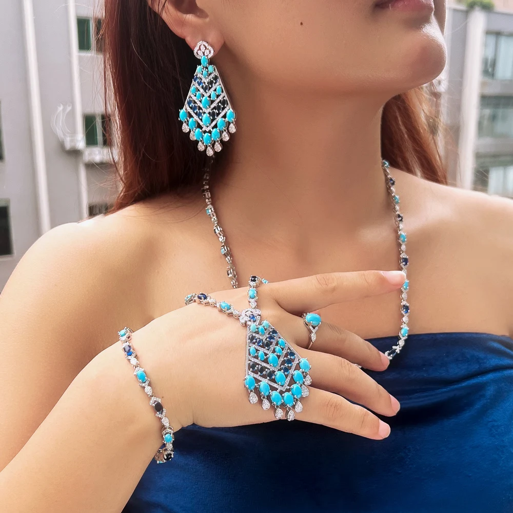 

CWWZircons 4pcs Elegant Blue Cubic Zirconia Dangling Drop Tassel Long Necklace Women Wedding Party Dubai Bridal Jewelry Set T752