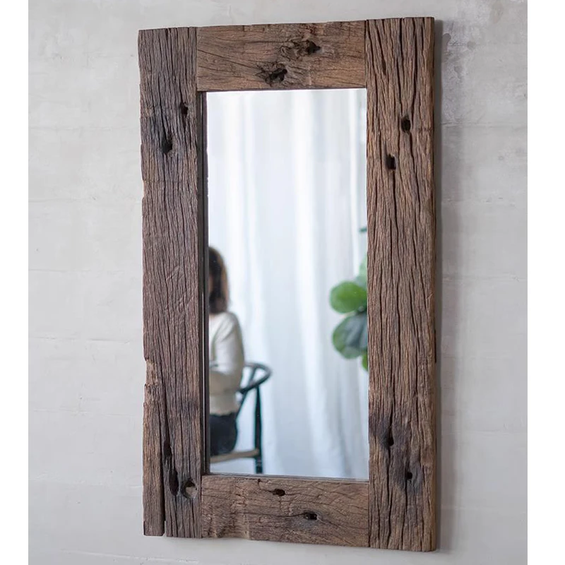 

Wabi-sabi Style Farm Rectangle Large Aged Old Boatwood Wall Decorative Mirror