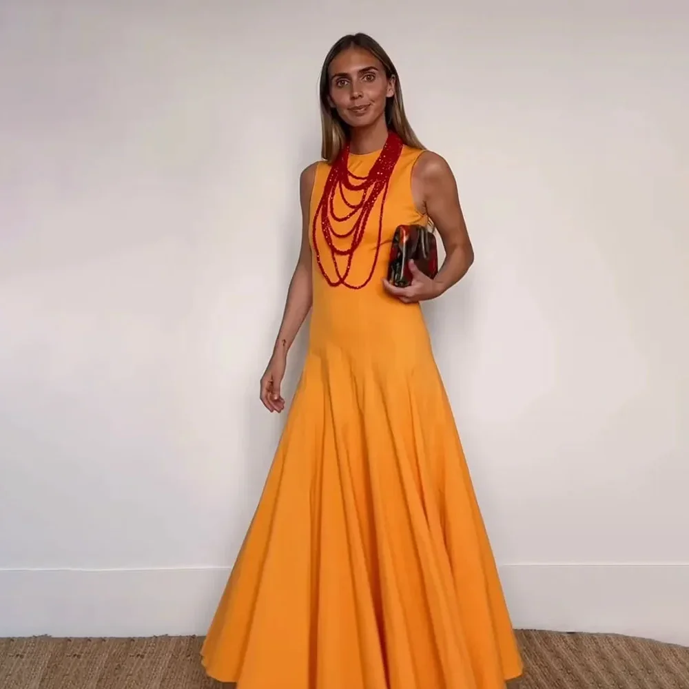 Orange Sleeveless Dress Woman Ruched Long Dress Summer Elegant Party Dresses For Women 2024 Midi Casual Holiday Dresses