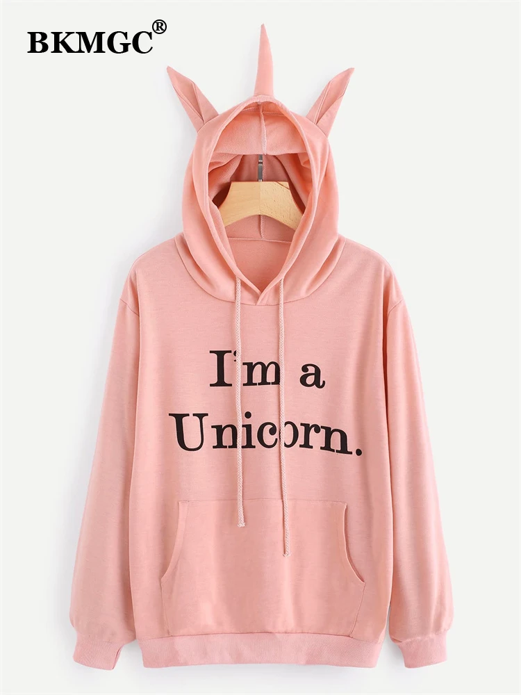 BKMGC  Cute Solid Pink Letters Printed Unicorn 3D Horn Hoodie 2022 Autumn Winnter Women Pullover Hooded Sweatshirt Jacket Top