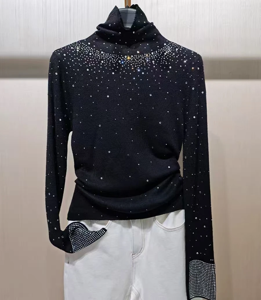 High-end Sparkle Diamonds Hot Drilling Sweater Women Autumn Winter Turtleneck Black Knitwear Top Knitted Bottoming Pullovers