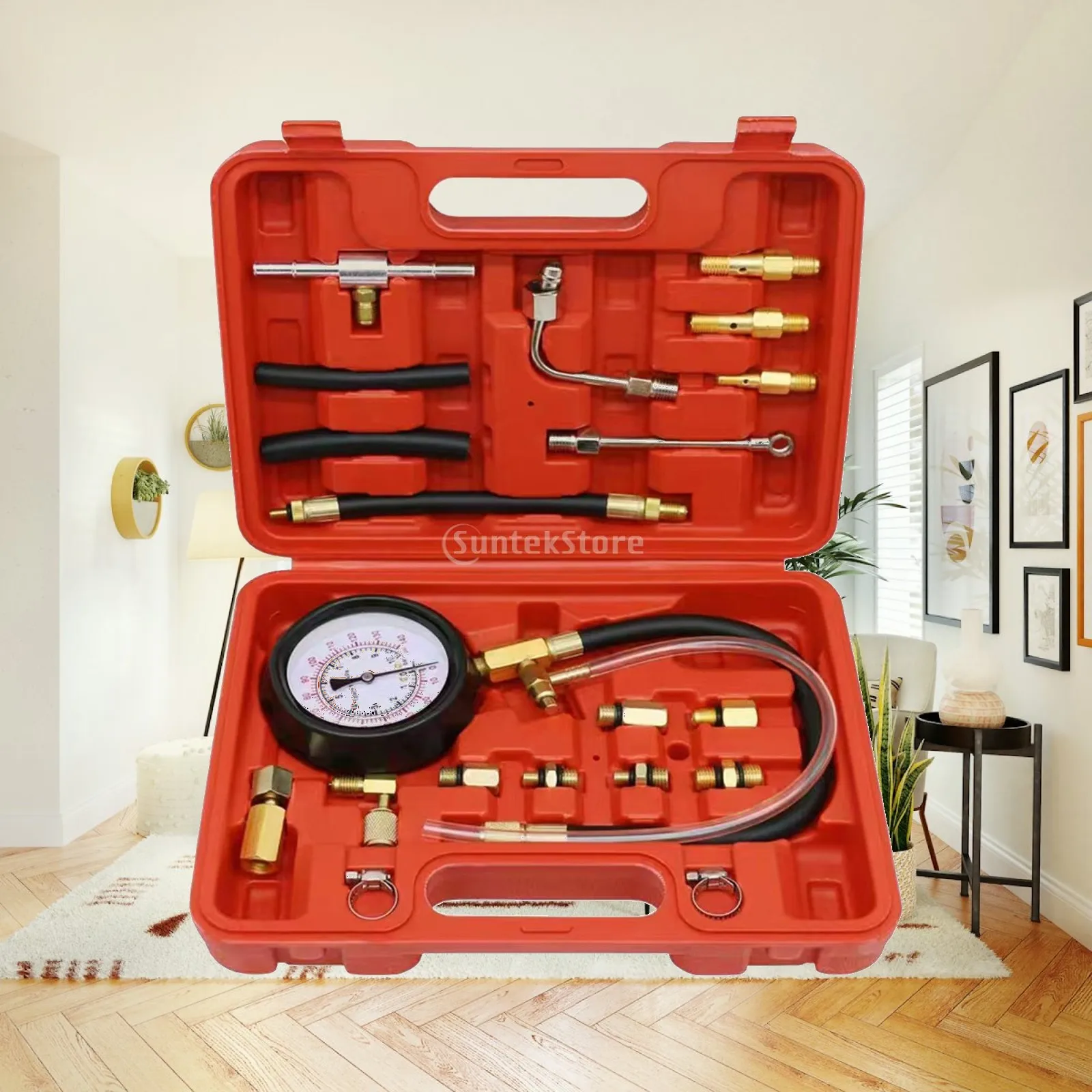 Petrol Engine Cylinder Pressure Gauge Universal Compression Tester Set with 0 to 140 Psi Dual Scale and Adapters