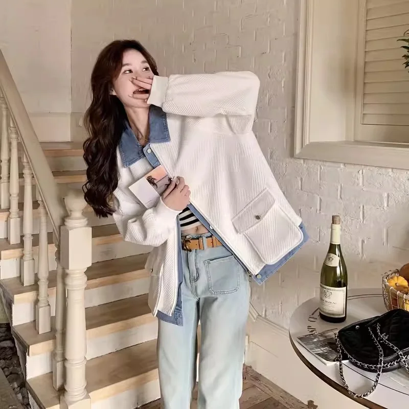 

Design Inspired Denim Patchwork Short Jacket for Women early Spring 2024 New Korean Style Chic Loose Casual Jacket top Trendy WF