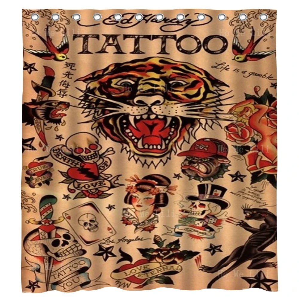 Tattoo Art Collage Poster Print Dragons And Skulls Tiger Ukiyoe With Hidden Images Shower Curtain By Ho Me Lili Bathtub Decor