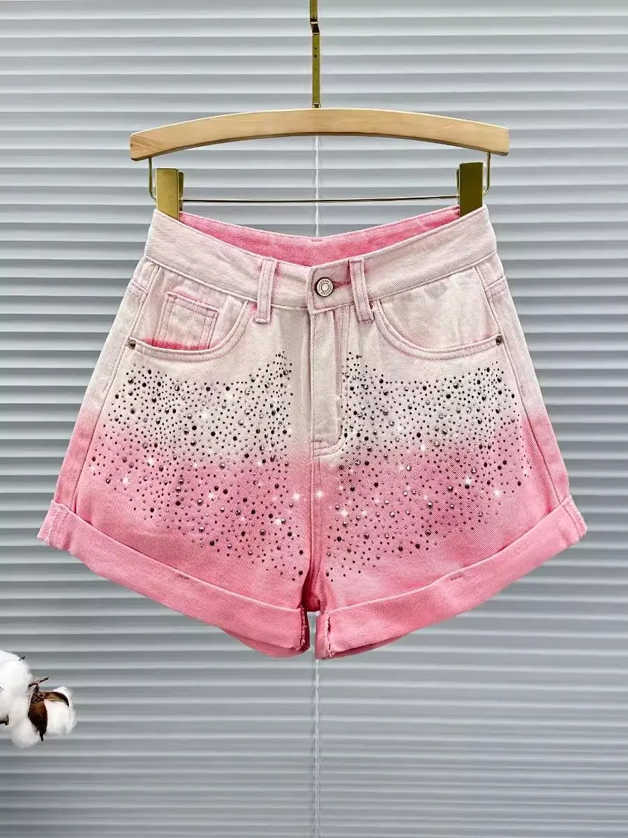 

New Hot Diamond Flanged Gradient Women's Denim Shorts Jeans 2024 Summer New High-waisted Wide-leg Shorts Feminino Booty Shorts