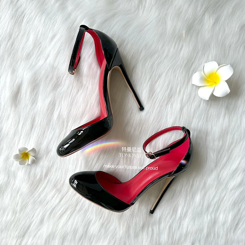 TOMONYE Shiny White Black Nude Red Patent Leather Round Toe Hot Sale Ankle Strap 120mm High Heel Straps