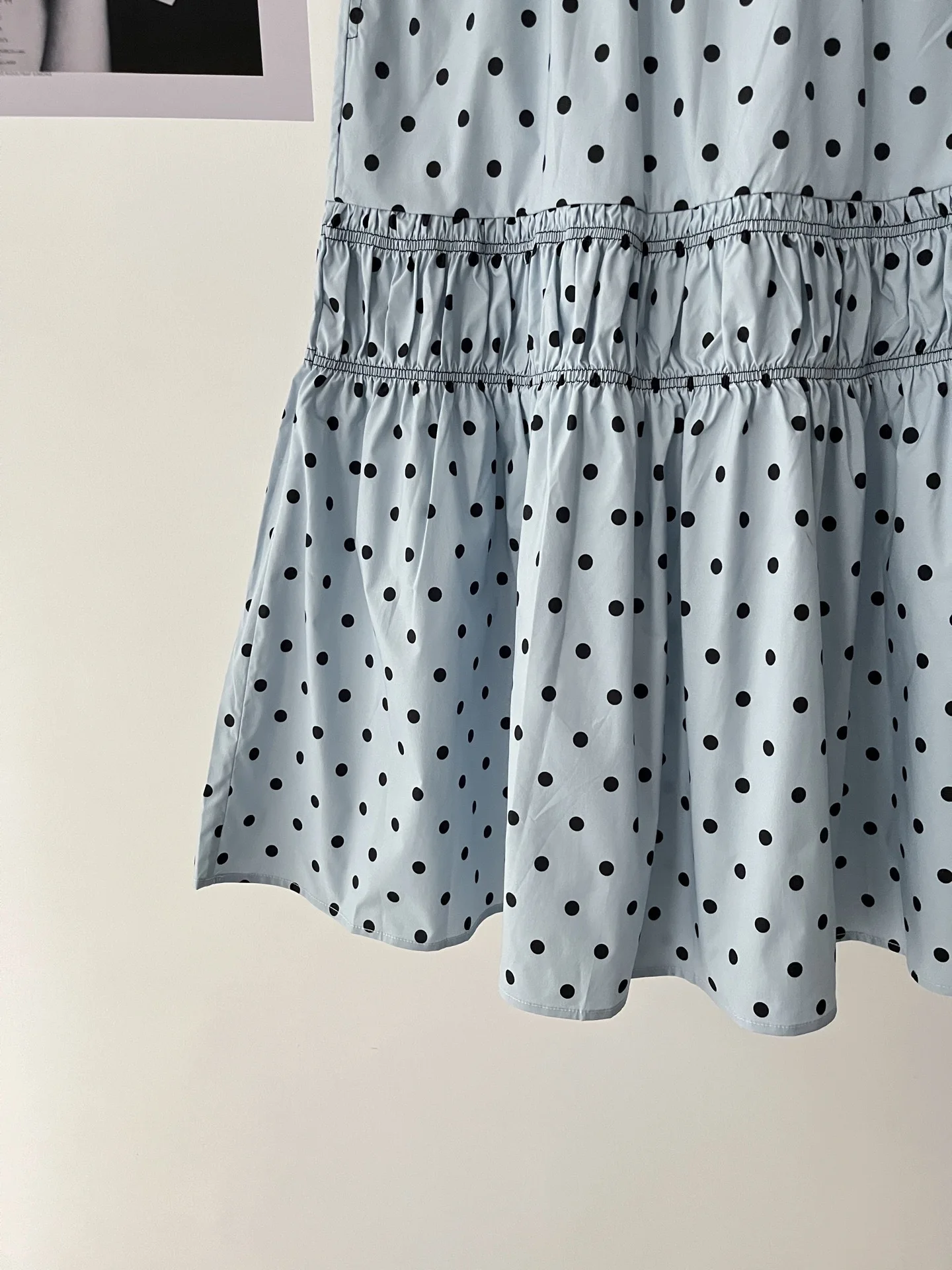 Vintage romantic fashionable pale person pleated splicing polka dot blue skirt long dress women's summer 030-0959