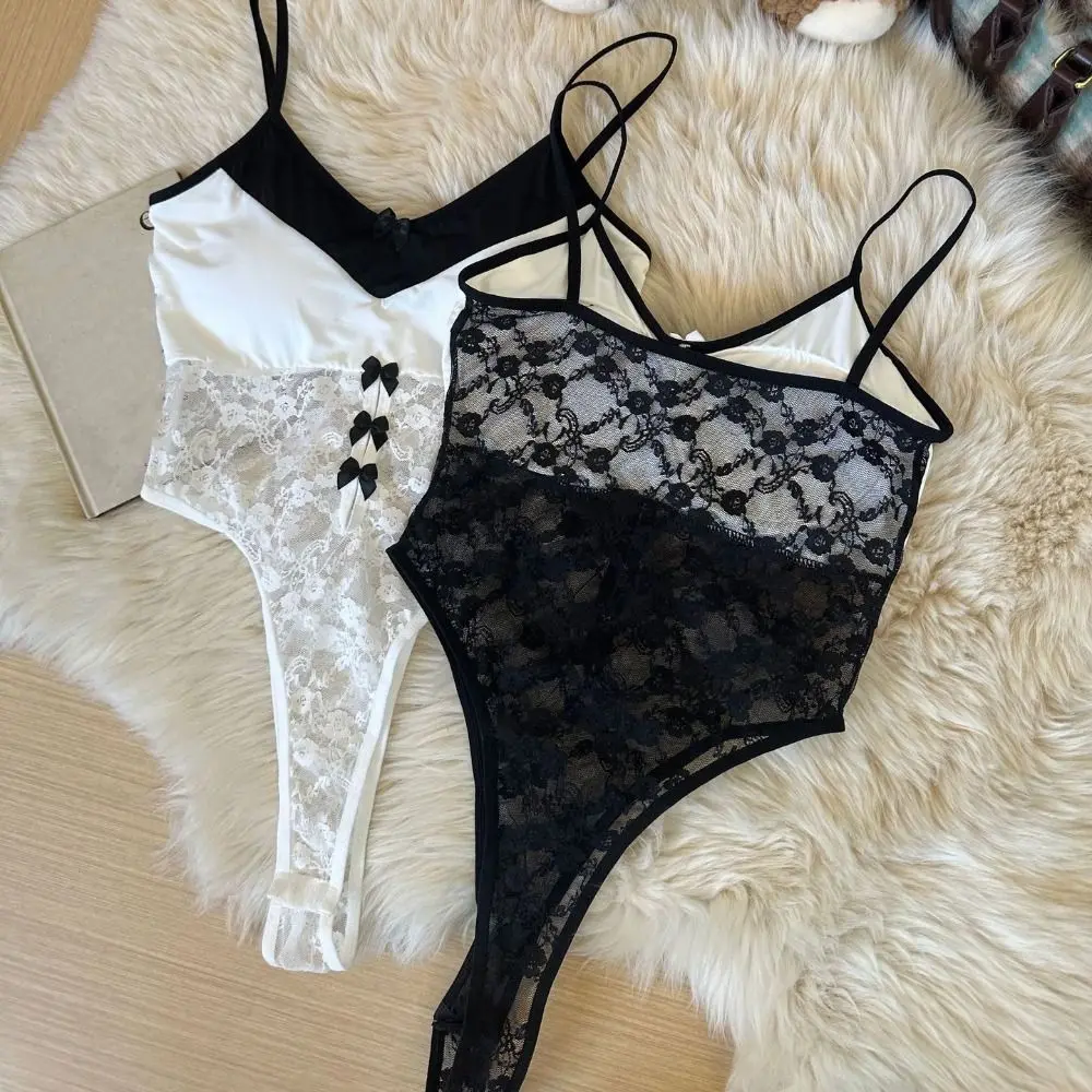 

Fashion Deep V Neck Lace Bow Bodysuit Hollow Transparent Lace Mesh Jumpsuits Camisole Uniform Sleeveless Women Lingerie Ladies