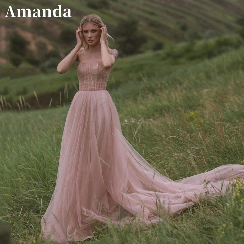 

Amanda Elegant Nude Pink Vestidos De Noche Boho A-line فساتين مناسبة رسمية Sexy Strapless Tulle Prom Dress 2023