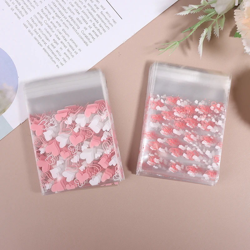 100Pcs Heart Shaped Transparent Candy Bag Biscuit Snacks Plastic Bag Baking Decoration Packaging Self-adhesive Bag