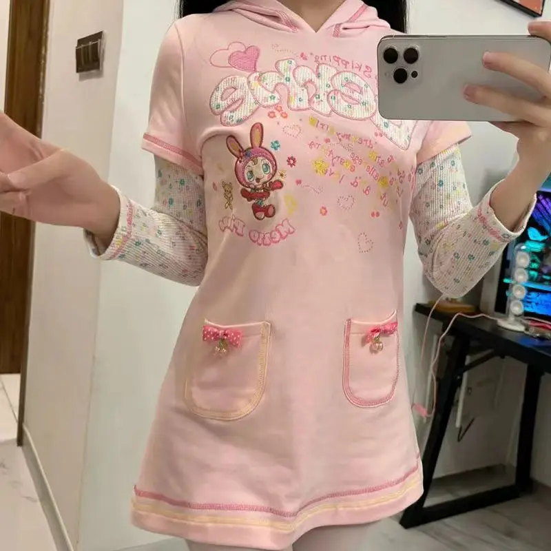 Subcultura japonesa mezzopiano kawaii vestidos com capuz bonito dos desenhos animados impressão vestido de manga longa feminino fino falso duas minissaia linha a