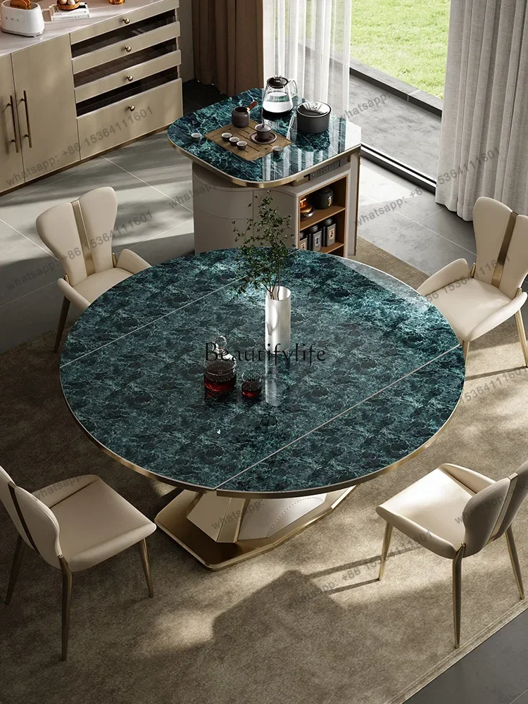 HJ  Integrated Retractable Household Light Luxury Stone Rock Plate Round Table and Chair Combination