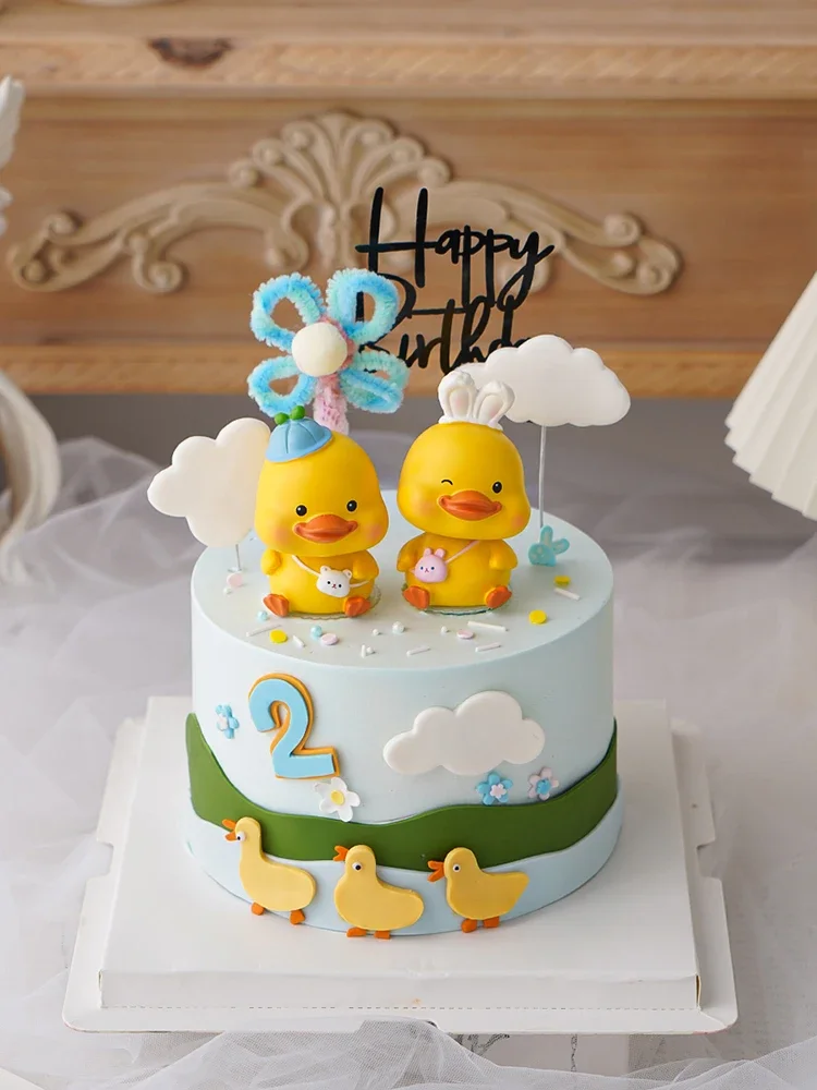 Creative Styling Cartoon Little Yellow Duck Birthday Cake Topper Decoration Doll Resin Duckling Anniversary Fairy Tale Figurine