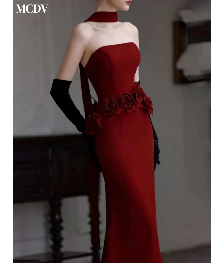 Abito da sera con fiori 3D con volant a sirena in jersey grazioso personalizzato Abiti da ballo con maniche staccabili senza spalline di alta qualità