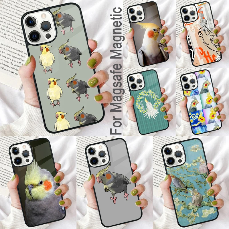 Cartoon Cockatiel Collage Magnetic Soft Phone Case for iPhone 16 Promax 15 Pro 13 14 Plus 11 12 Mini MagSafe Coque