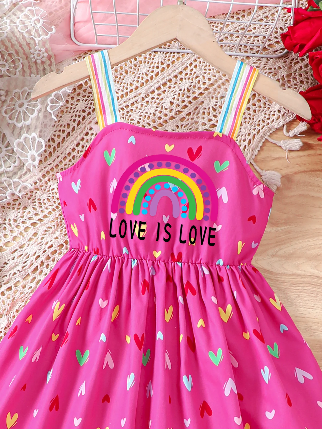 2024 Summer Special Girl\'s New Product, Fresh And Casual Dress, Rainbow Love Print, Children\'s Sling Dress