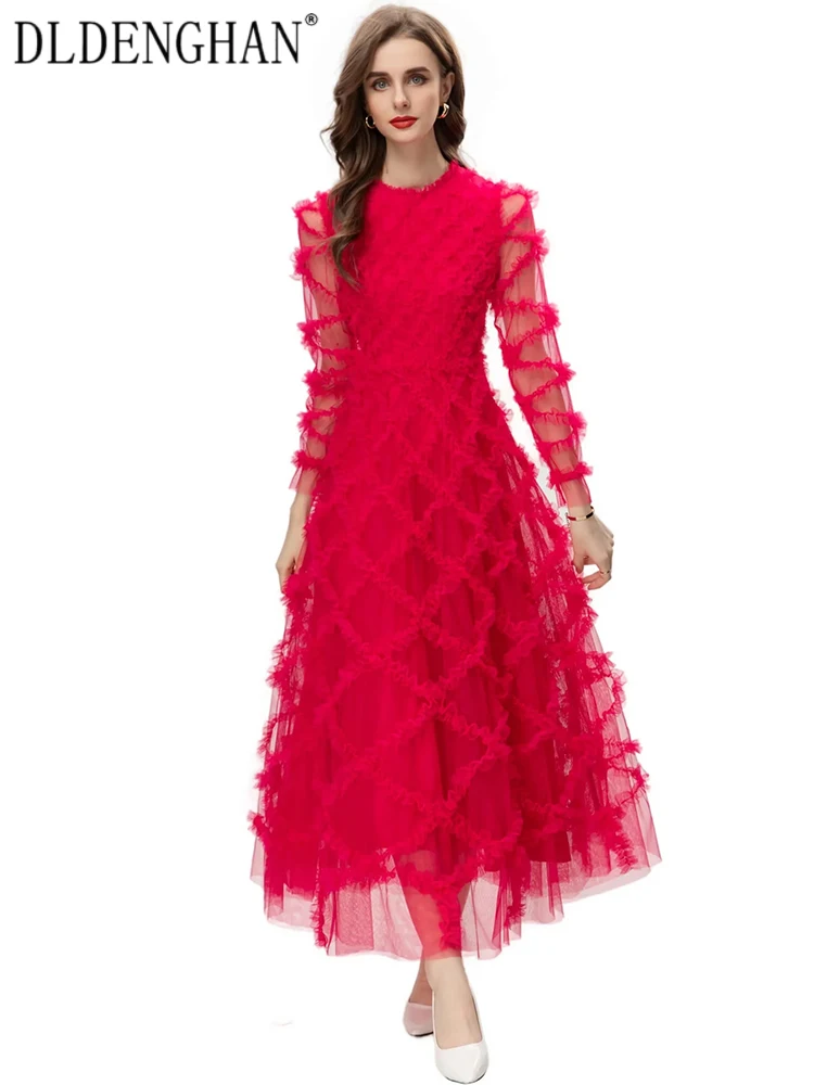 

DLDENGHAN Autumn Mesh Maxi Dress Women O-Neck Long Sleeve Ruffles High Waist Elegant Party Long Dress Fashion Designer New
