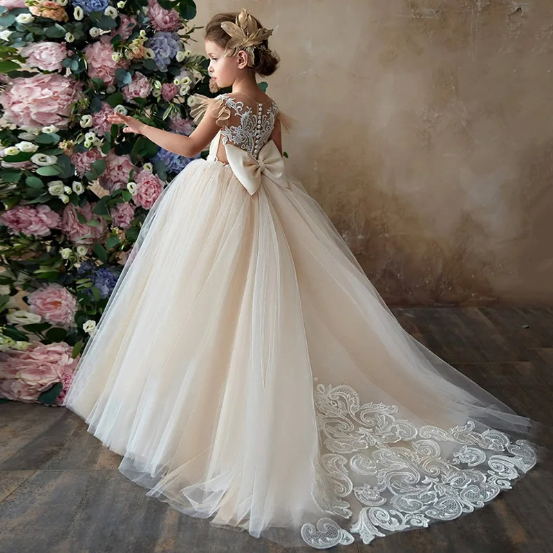 Customized Ball Gown Baby Flower Girl Dresses Appliques Court Train Prom Birthday Party Gowns Princess