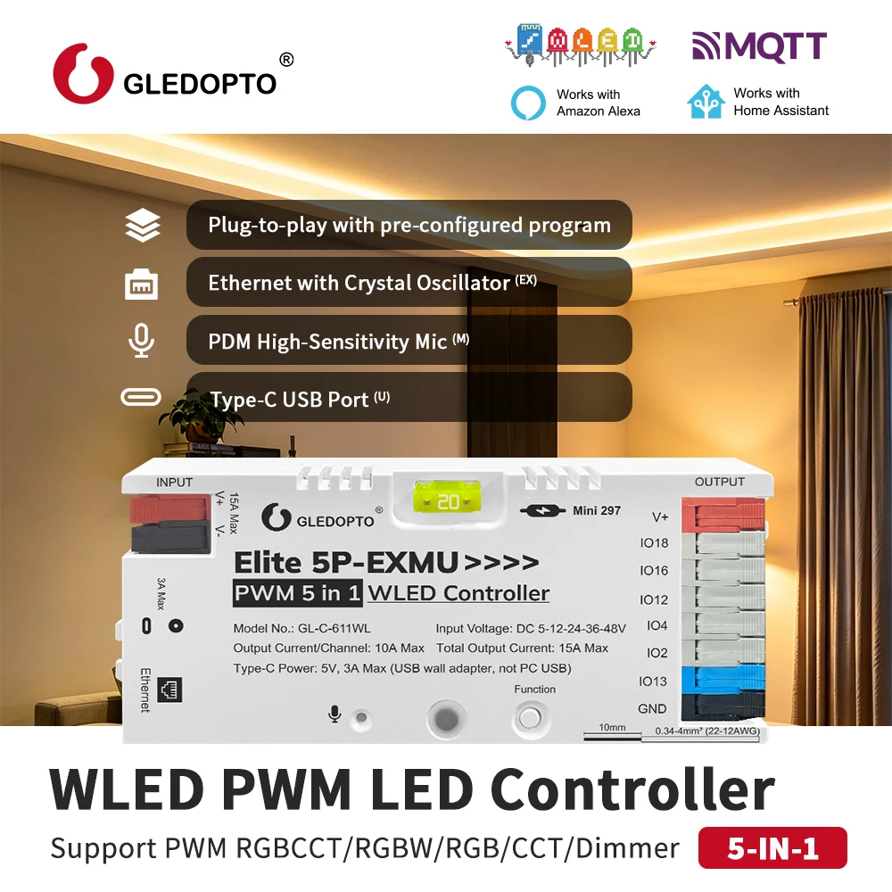 GLEDOPTO PWM WLED Controller DC5-48V 15A RGBCCT RGBW RGB CCT Dimmer with Music Rhythm, Ethernet & Voice Control Work with Alexa