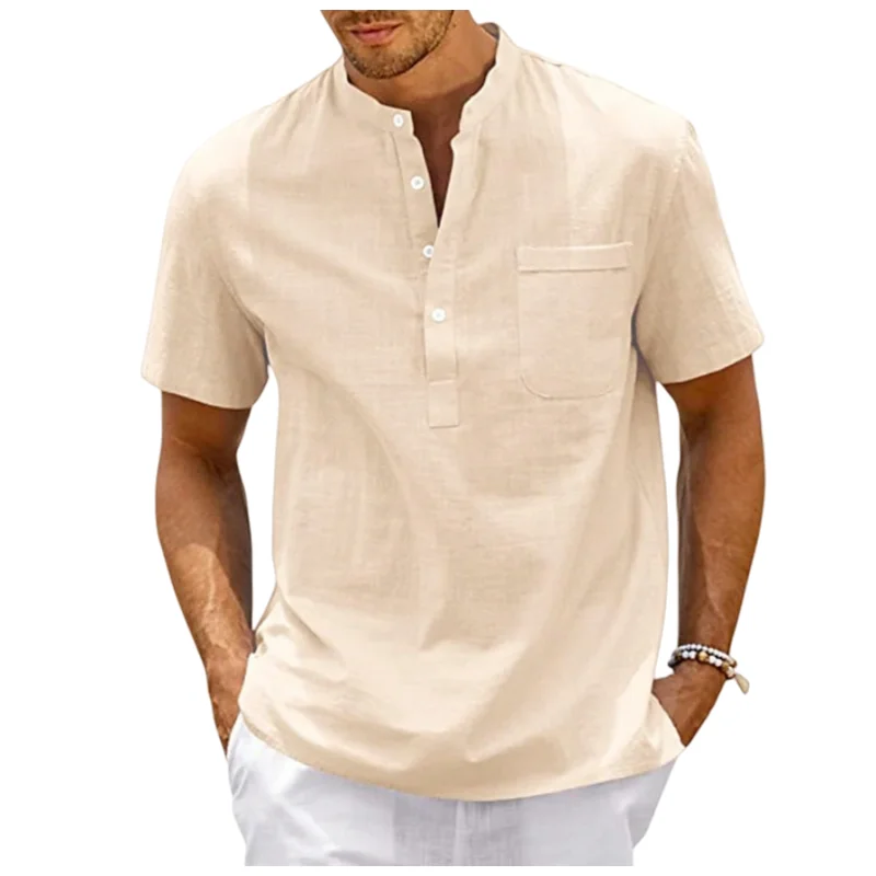 

Men Cotton Linen Shirt With Breas Pocket Henley Neck Casual Beach Short Sleeve Solid Color Male Tops T-shirts Vintage Streetwear