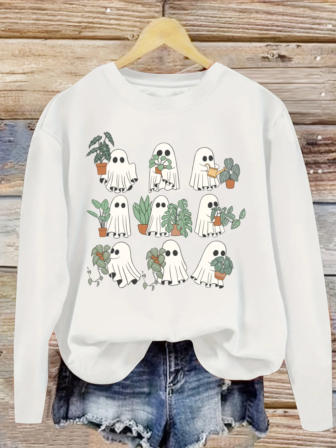 Women's Casual Long Sleeve Crew Neck T-Shirt Cute Ghosts Holding Potted Plants Design, Round Neck Women's Clothing, Machine Washable, Slightly Elastic, Loose Fit, Spring Autumn Winter Women's T-Shirt, Halloween Costume Outfit view 5