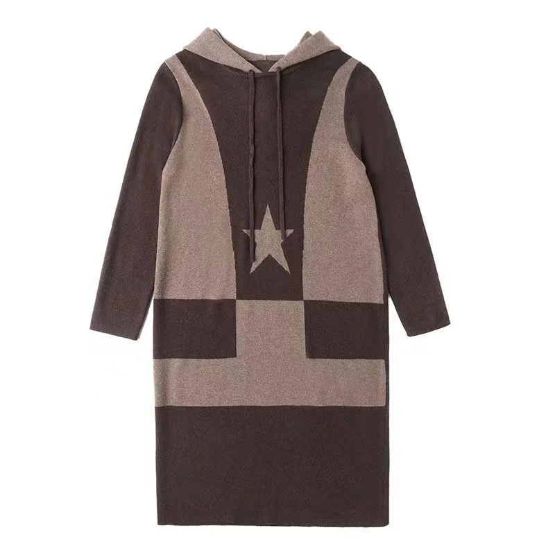 Women Clothing Fashion Loose Vintage Dresses Autumn Winter Knitted Hooded Daily Casual Sweater Dress Female Wool Tunics