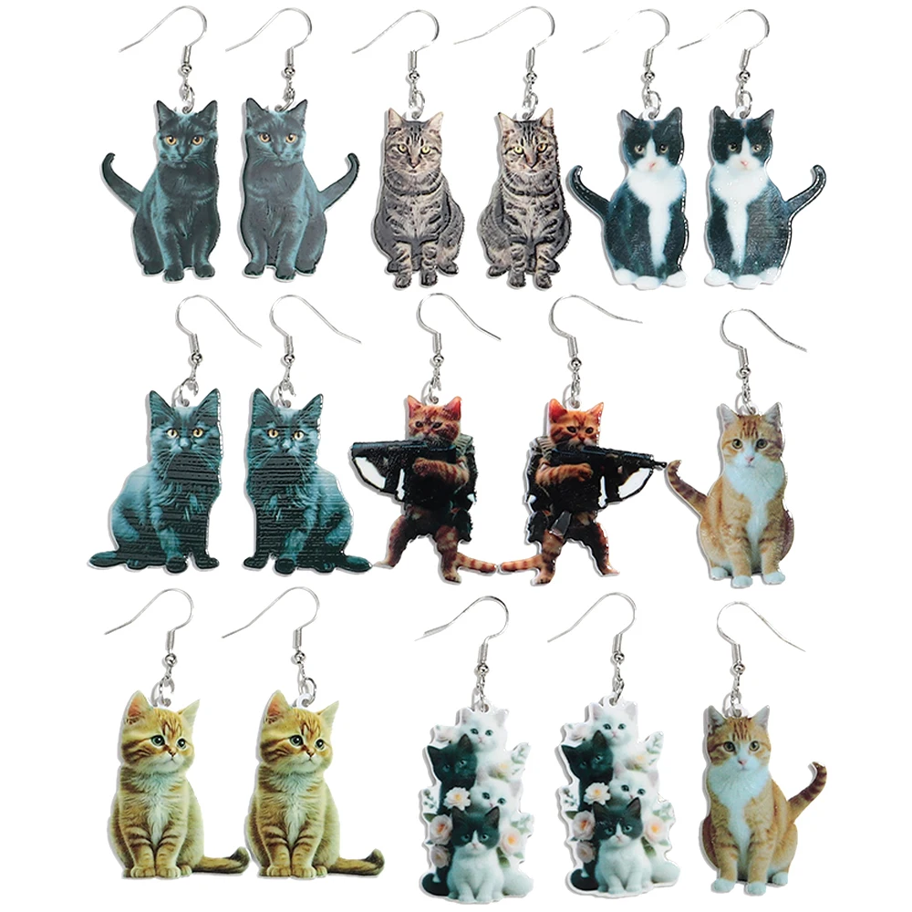 Nette 3D Acryl Cartoon Katze Druck Tropfen Ohrringe Lustige Große Tier Baumeln Ohrring frauen Mode Schmuck Geschenke