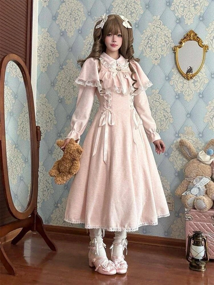 لوليتا Kawaii مقوس دانتيل ضمادة فستان فرنسي أنيق الحلو فستان الأميرة المرأة الخريف الكورية موضة خمر الوردي ميدي فستان #5