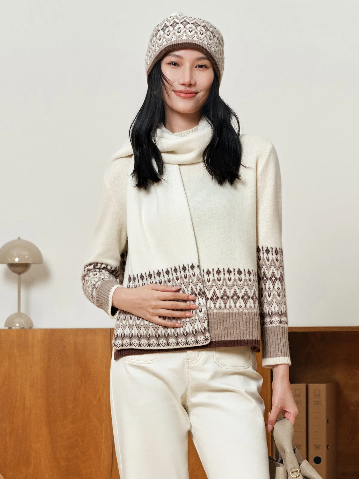 

Wool Camere Fair Isle Knitwear Cisas Tee-Piece Set Women's Casual Loose Fit Long Sve Geometric Pattern