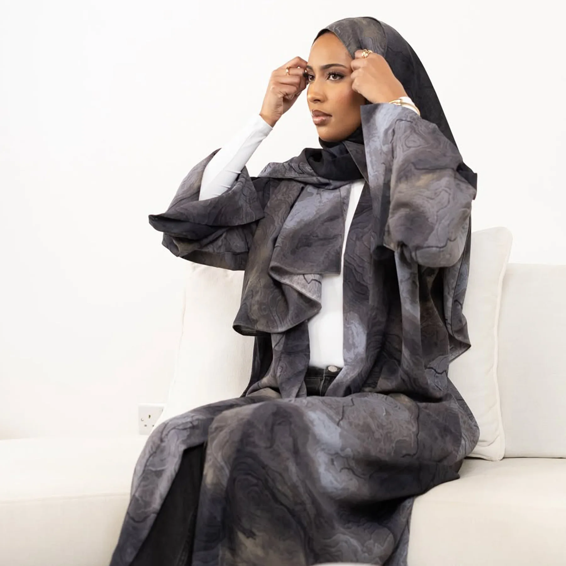

Printed Abaya with Matching Hijab – Abstract Blue Gradient, V-Neck, Pocketed & Belt-Free Design