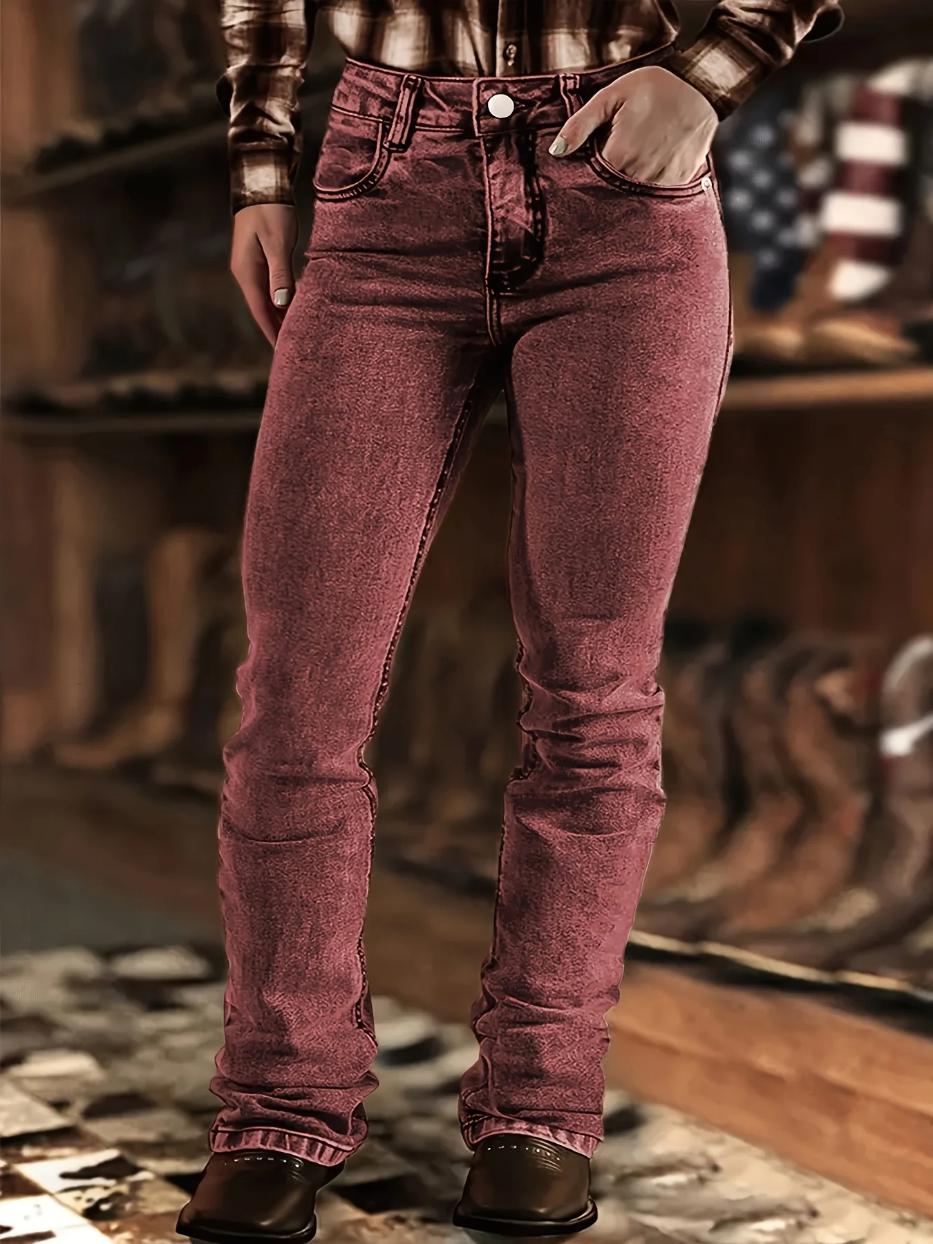 

Women's slim-fit fashion red jeans, slightly flared version, mid-rise stretch design.