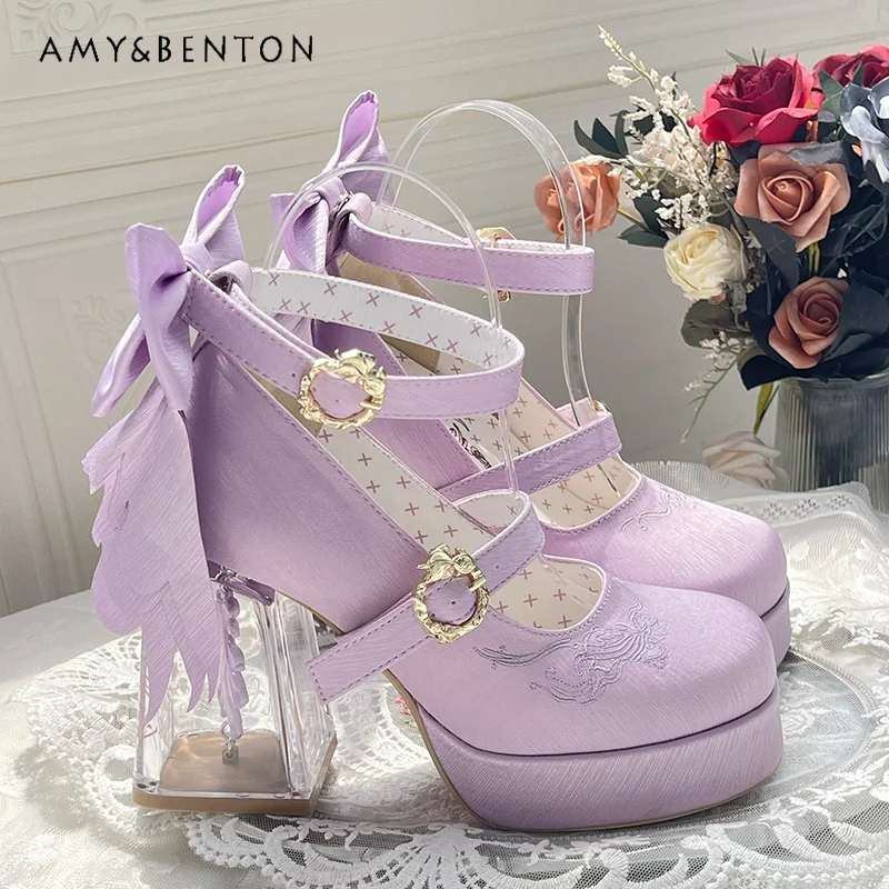 

Lolita Shoes Elegant Ballet Style Flower Embroidery Round Head High Heel Waterproof Table Bow High End Satin Mary Jane Shoes