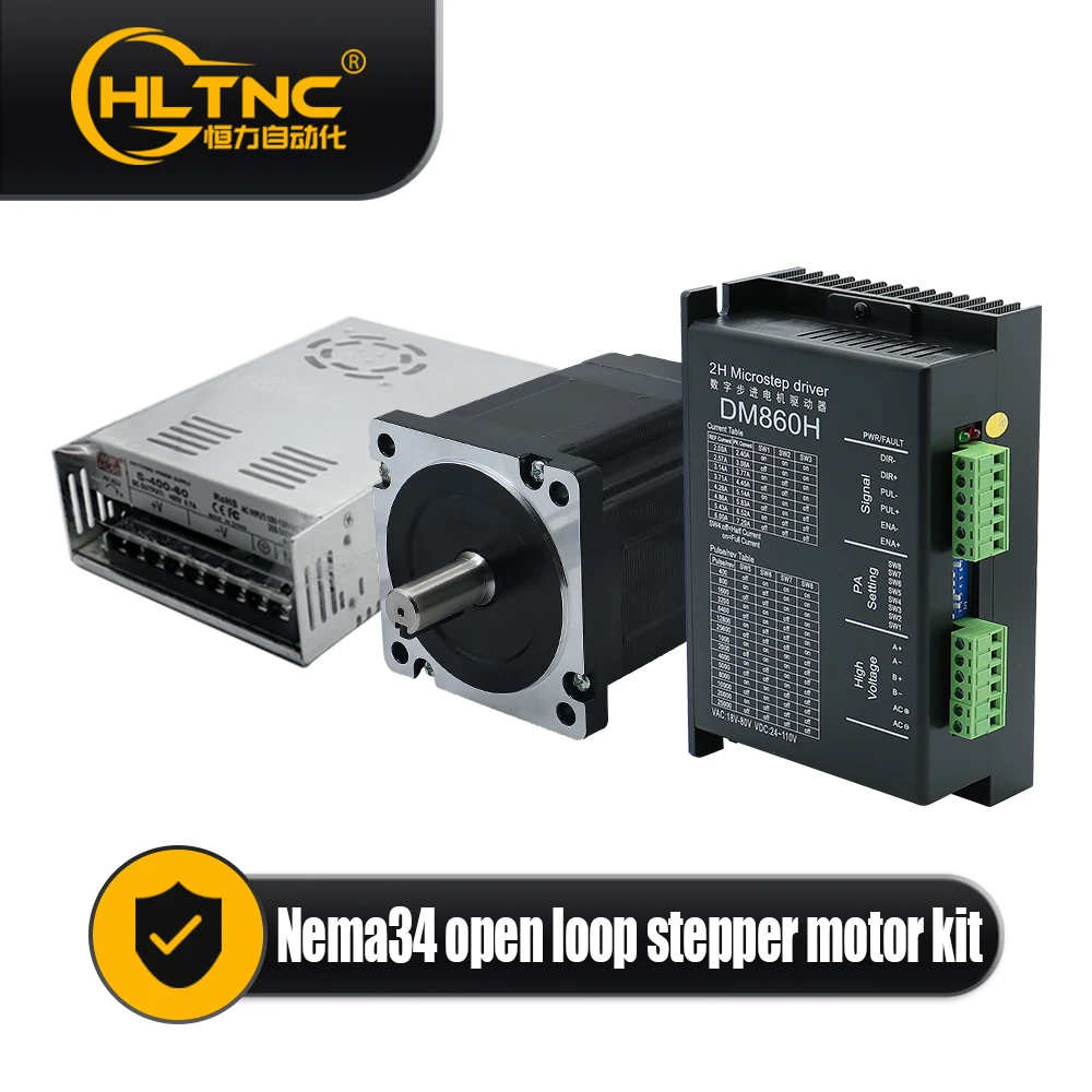 

Комплект шагового двигателя HLTNC Nema34 4.5N 8.5N 12N с открытым контуром + Драйвер шагового двигателя постоянного тока DM860H + блок питания CNC 400w60v для гравера