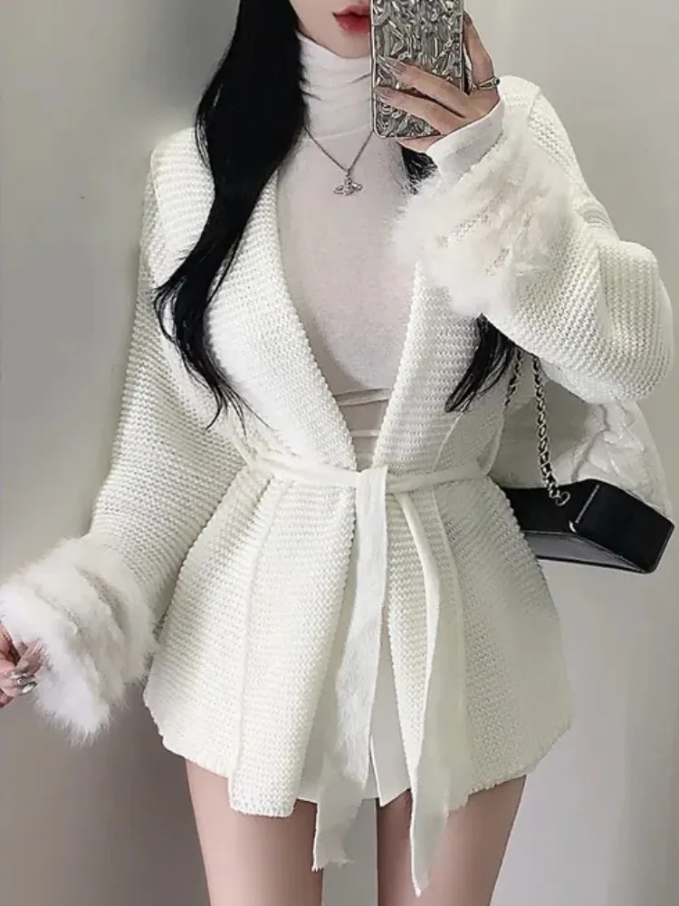 Chique preguiçoso suave malha longa sve v-ne pele do falso retalhos cardigan quente outerwear topo na moda comute sle solto ajuste