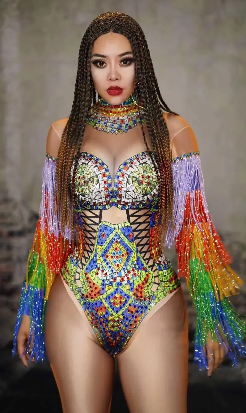 Sexy Tassel Glisten Crystals Bodysuit Bar DJ Sexy Singer Dancer Dance Costume Fringe Sleeve Rhinestones Tights Stage Wear