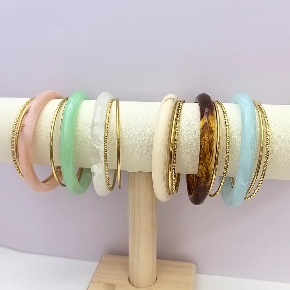 3 قطعة/المجموعة خمر الاكريليك لطخة أساور البوهيمي الراتنج بسيط جولة أساور فاسق الفولاذ المقاوم للصدأ الرجعية اليد الدائري النساء الرجال #3