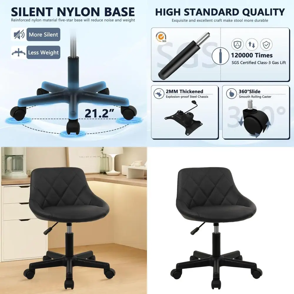 

Ergonomic Adjustable Height Swivel Rolling Stool, PU Leather Vanity Chair for Office, Makeup, and Spa, Black