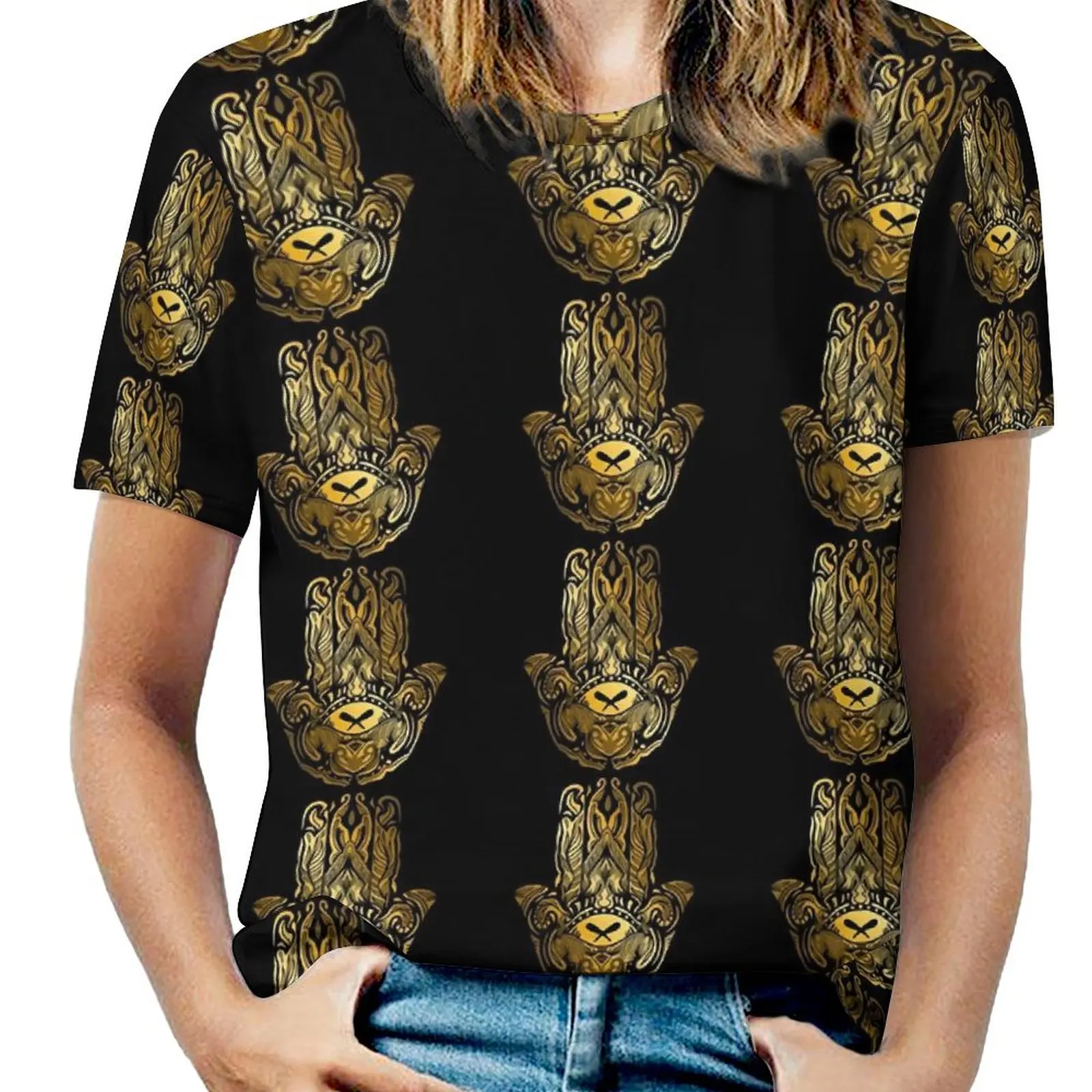 Women T-Shirt Golden Hamsa Hand O Neck T-Shirts Short Sleeves Vintage Print Hip Hop Custom Tops Street Wear Tees Big Size 6XL