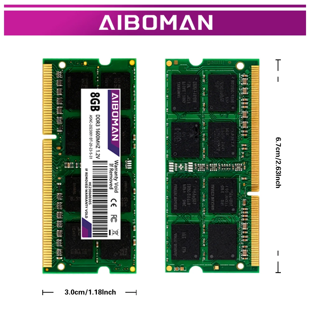 

AIBOMAN DDR3L, 8 ГБ оперативной памяти для ноутбуков, черная/зеленая плата, подходит для всех мини-ПК, 1600 МГц