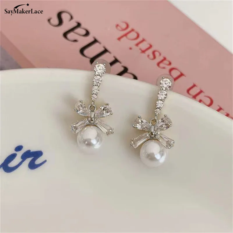 1Pair Exquisite Bow Pearl Drop Dangle Earrings For Women Bling Zircon Bowknot Stud Earrings Girl Wedding Party Sweet Jewelry