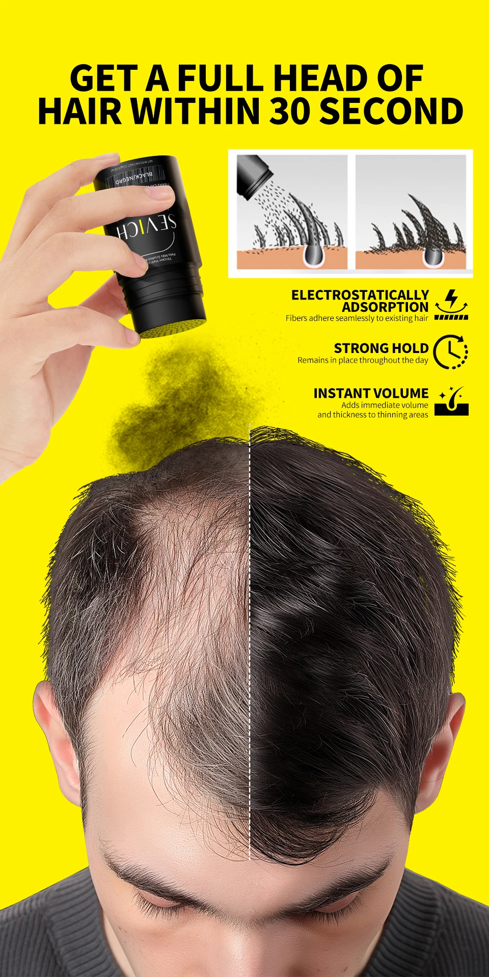 Sevich Haarverdichtungs-Faser-Set 12g Sofort-Haarwuchs-Verdickungspulver Dichtes Haarspray-Applikator Unisex Haarausfall-Produkte – Detail 4