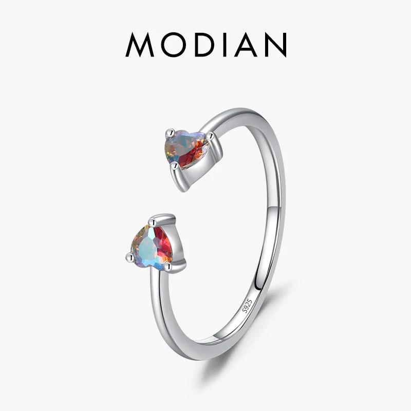 Modian 925 Sterling Silver Simple Colorful Hearts Zirconia Adjustable Finger Ring Elegant Wedding Ring For Women Fine Jewelry