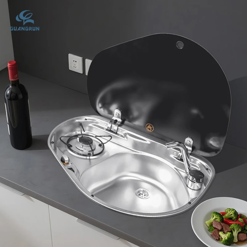 

Modern Design Portable 304 Stainless Steel LPG Gas Stove Combi Sink with Tempered Glass Lid for RV Motorhomes Caravan Kitchensto