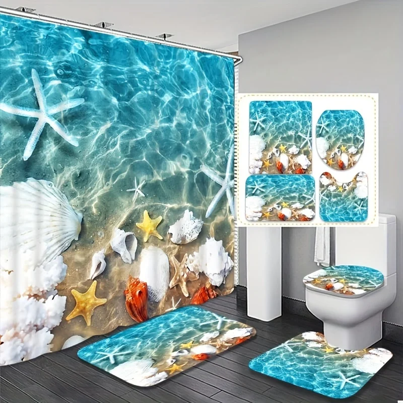 

4pcs Ocean Beach Pattern Shower Curtain Set - Waterproof, Modern Style, 12 Hooks - Decorative Bathroom Carpet, Toilet U-shaped