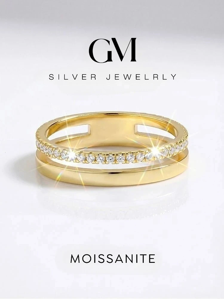 Luxuriöser, exquisiter, echter Moissanit-Diamant-Ring mit hohlem, doppellagigem Design für Damen, 925er Sterlingsilber, Verlobungsring, edler Schmuck – Detail 1