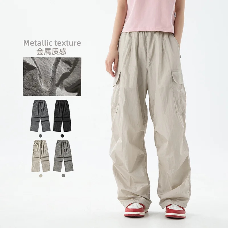 

Spring New Y2k Women's Pants Nylon Micro Wrinkle Micro Wide Cargo Pants for Women Double Pleated Sports Casual Long New in Pants