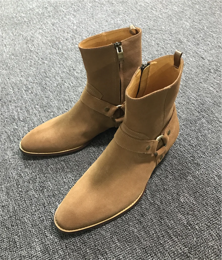 Factory Men Real Picture Leather Buckle Ring Strap Pionted Toe Chelsea style Gentle Men Boots