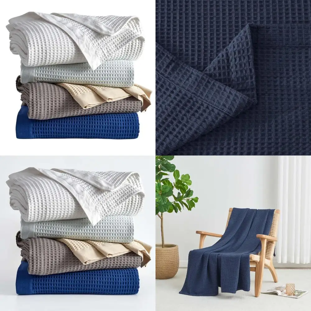 

Дышащее одеяло вафельного плетения из 100% хлопка двойного размера, мягкое для лета, темно-синее, 90x66 дюймов